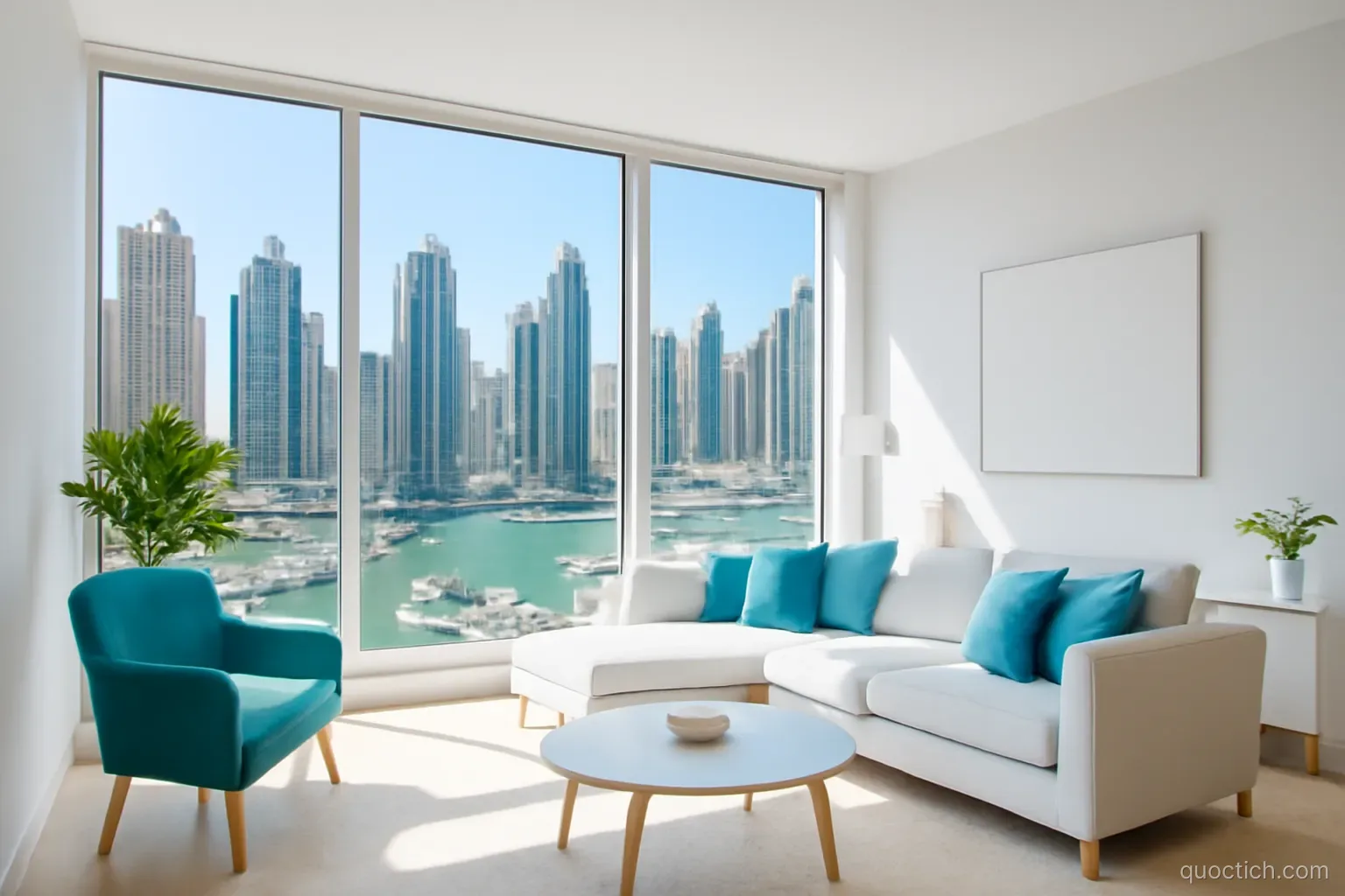 Bright modern living room with floor-to-ceiling windows overlooking the Dubai Marina towers and yachts, no people, wide interior shot, white and turquoise tones, midday sun
