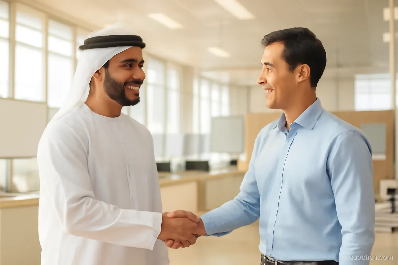 Smiling Emirati man in a white kandura and Vietnamese colleague shaking hands in a sunlit modern government service hall in Abu Dhabi, medium shot, white and soft gold tones