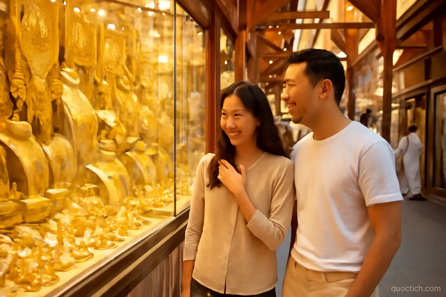Bustling covered Dubai Gold Souk lane in Deira with glittering gold jewelry displays and an Asian couple browsing, eye-level medium shot, bright warm gold and cream tones